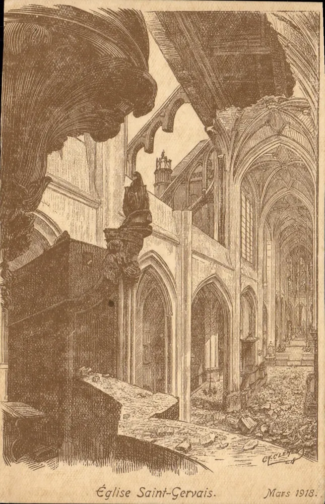 Kerk van Saint-Gervais — vernietiging na de bombardementen — gravure van Chocley, maart 1918 - Voorkant