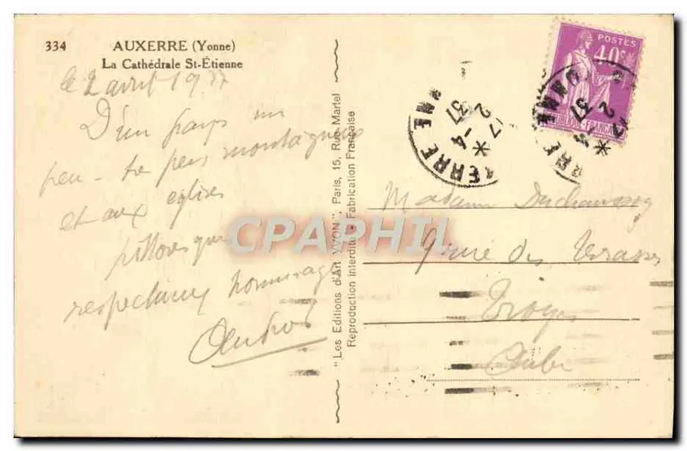 AUXERRE (Yonne) — A Catedral de São Etienne — Les Éditions d'Art 'Yonne', Paris - Verso