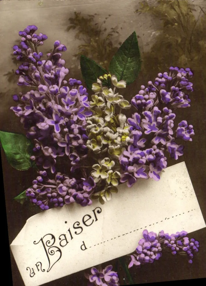 Lilas — bouquet avec note « un Baiser d... » — éditeur non visible - Awers