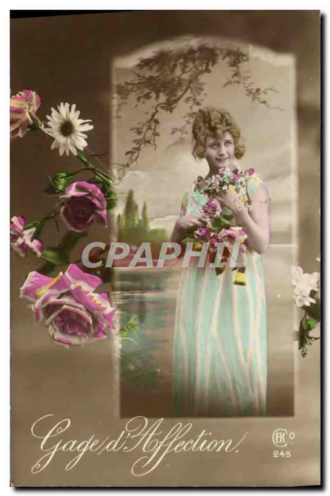 Frau in blauer Robe mit Blumenstrauß — Gage d’Affection — Verlag EH, Nr. 245 - Vorderseite
