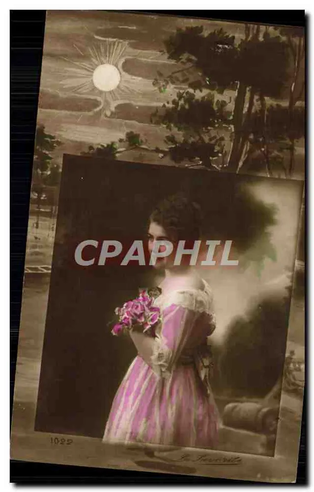 Frau in einem rosa und weißen Kleid — mit Blumenstrauß — Verlag La Fournièr, Nr. 1022 - Vorderseite