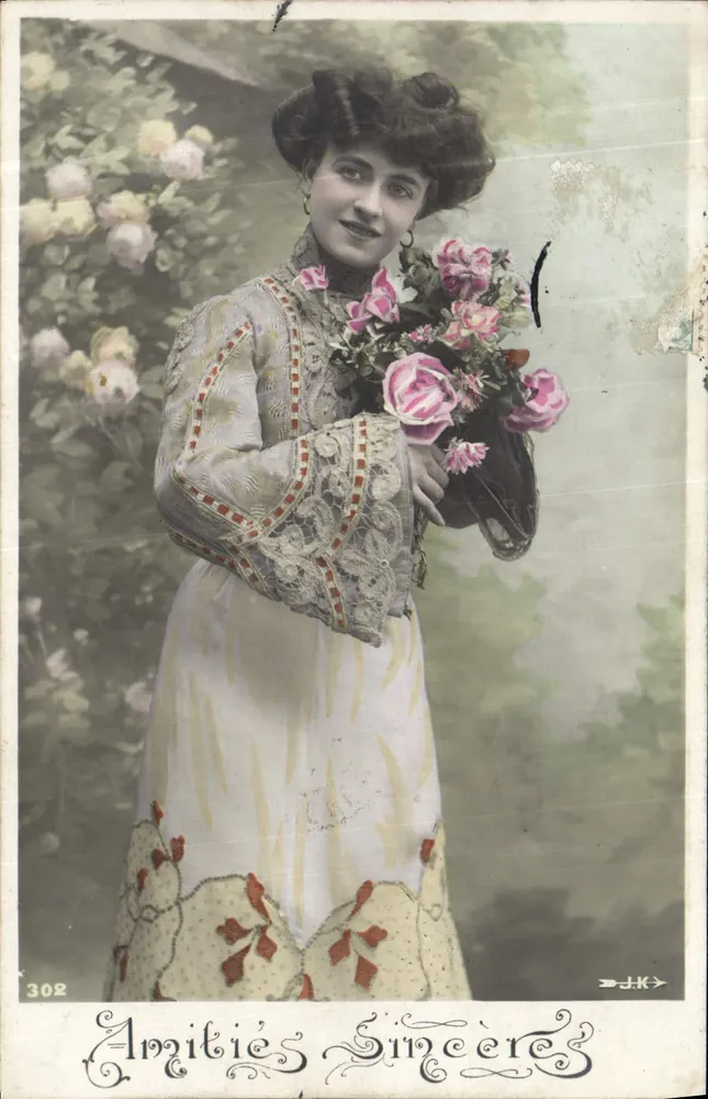 Junge Frau mit Rosenstrauß — Echte Freundschaften — D.J.K. n°302 - Vorderseite
