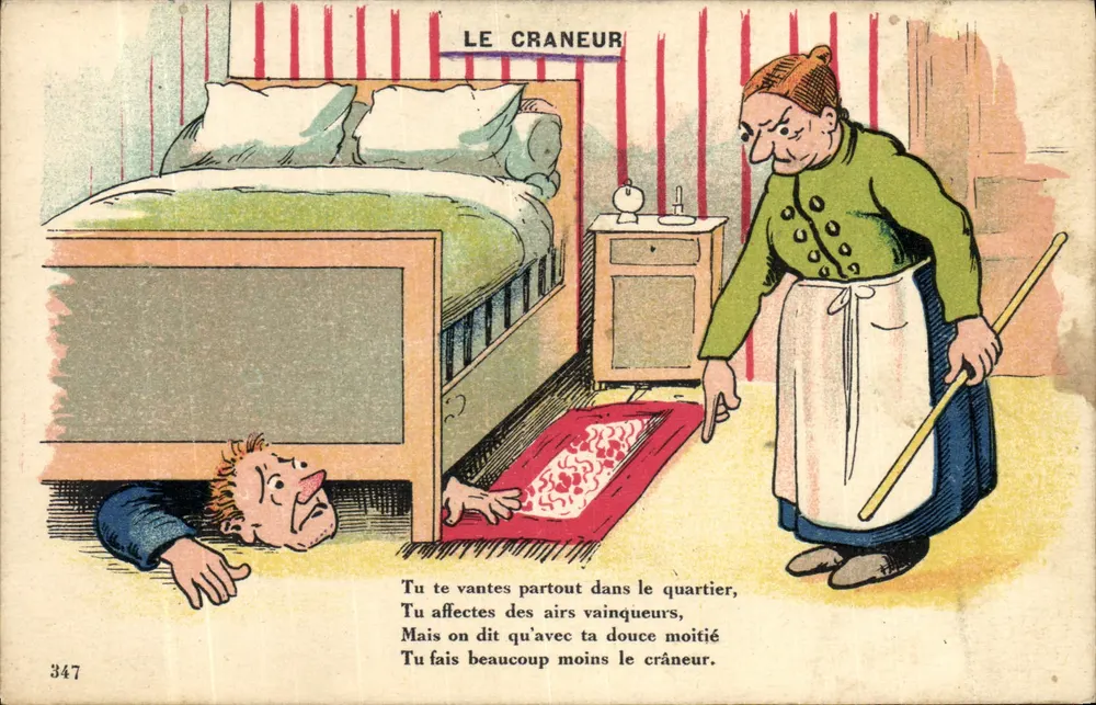 O Crânio — caricatura de um homem escondido debaixo da cama e de uma mulher apontando para ele — n°347 - Frente