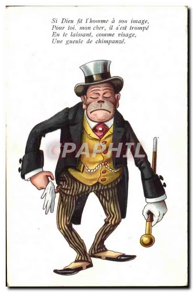 Chimpanzé em traje — caricatura satírica — editor não identificado - Frente