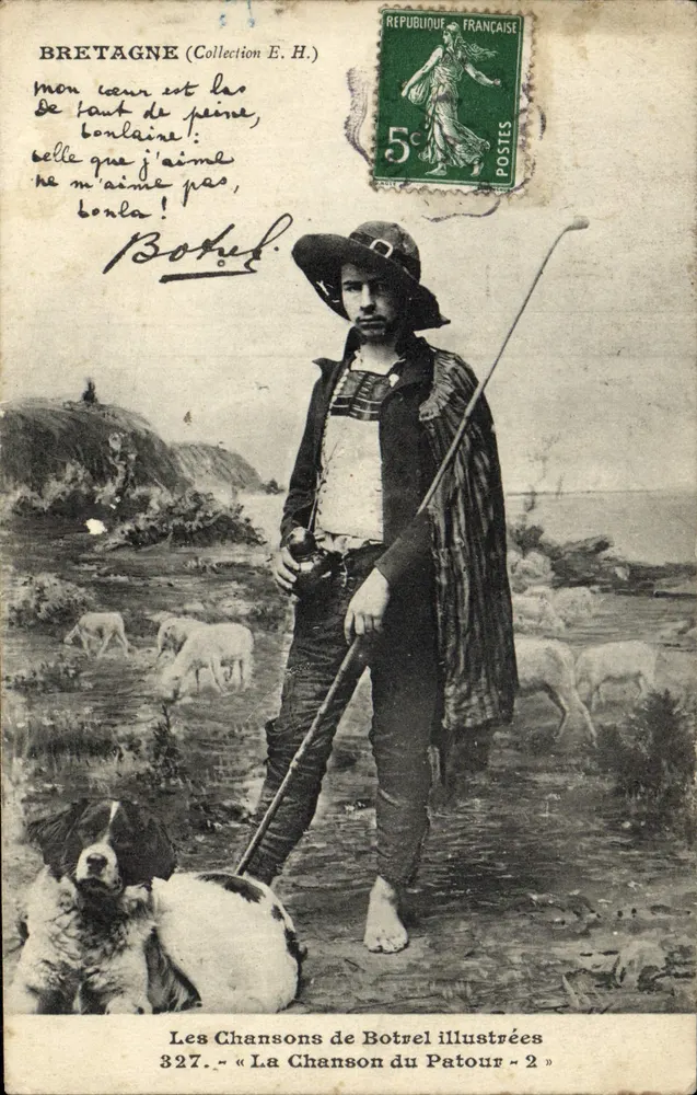 Bretagne — Küstenlandschaft mit Schäfer und Hund — Les Chansons de Botrel illustriert Nr. 327 - Vorderseite
