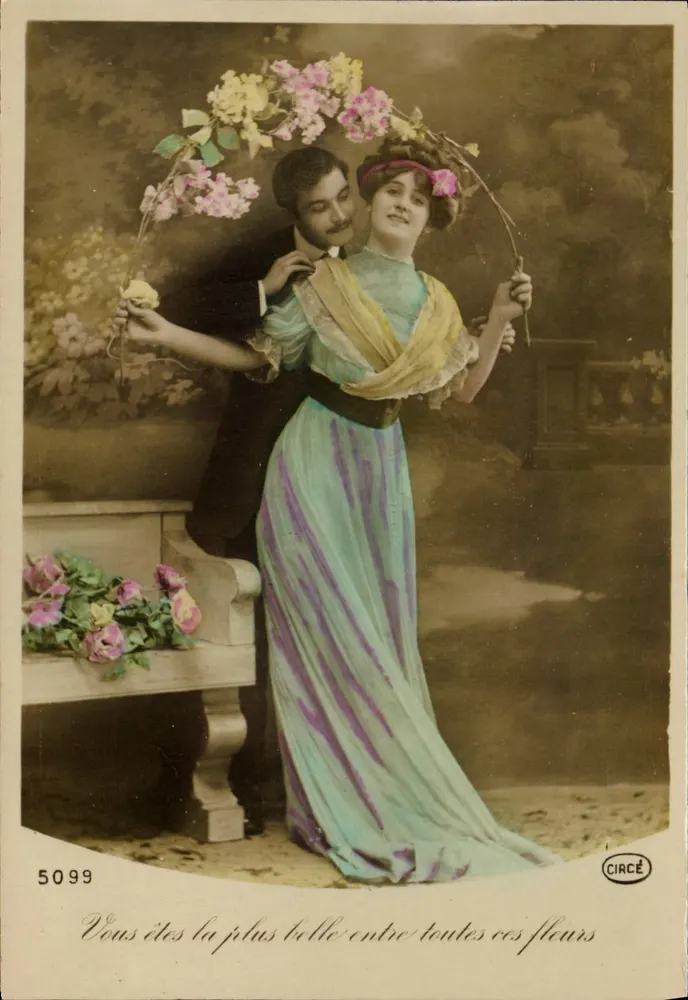 Liebe und Blumen — Paar-Szene mit Blumengewinde — CIRCÉ n°5099 - Vorderseite
