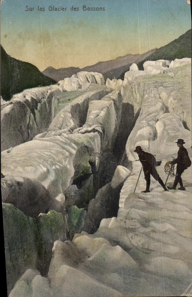 Sur les Glacier des Bossons — vue du glacier avec deux grimpeurs — éditeur Art. S. A. Sédée Lausanne - 1908 - Recto