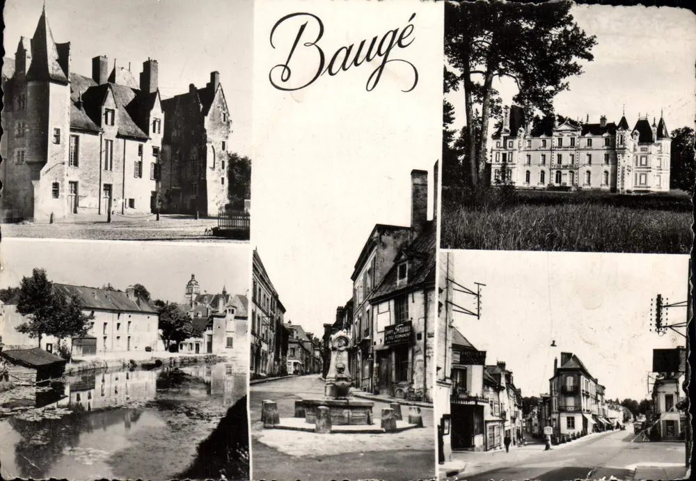 Baugé — vue de la ville avec château, fontaine et rue — Éditeur : « La Cigogne » - Vorderseite