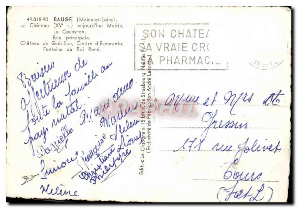 Baugé — vue de la ville avec château, fontaine et rue — Éditeur : « La Cigogne » - Rückseite