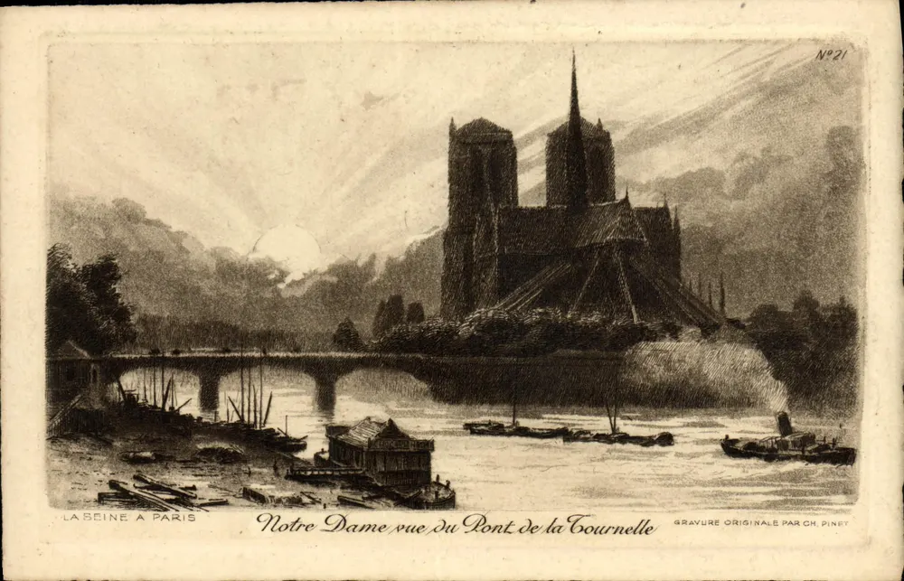 Notre Dame vom Pont de la Tournelle aus gesehen — originale Gravur von Ch. Pinet — n°21 — La Scène à Paris - Vorderseite