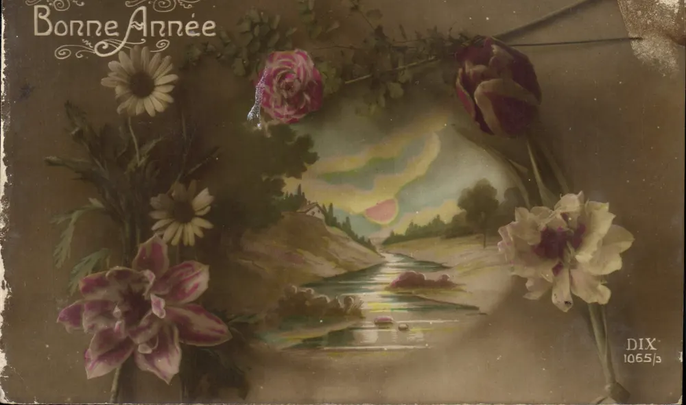 Bonne Année — paysage de rivière au coucher de soleil — éditeur DIX, n° 1065/3 - Vorderseite