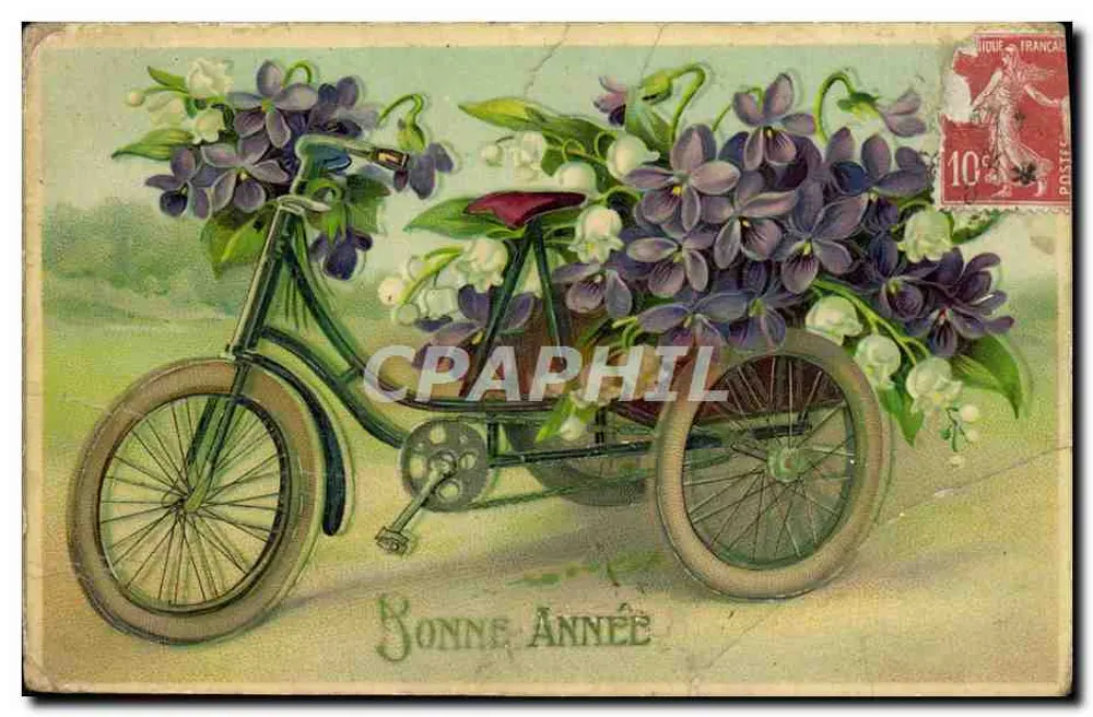 Bicyclette décorée de violets et de muguet — Bonne Année — éditeur inconnu - Vorderseite