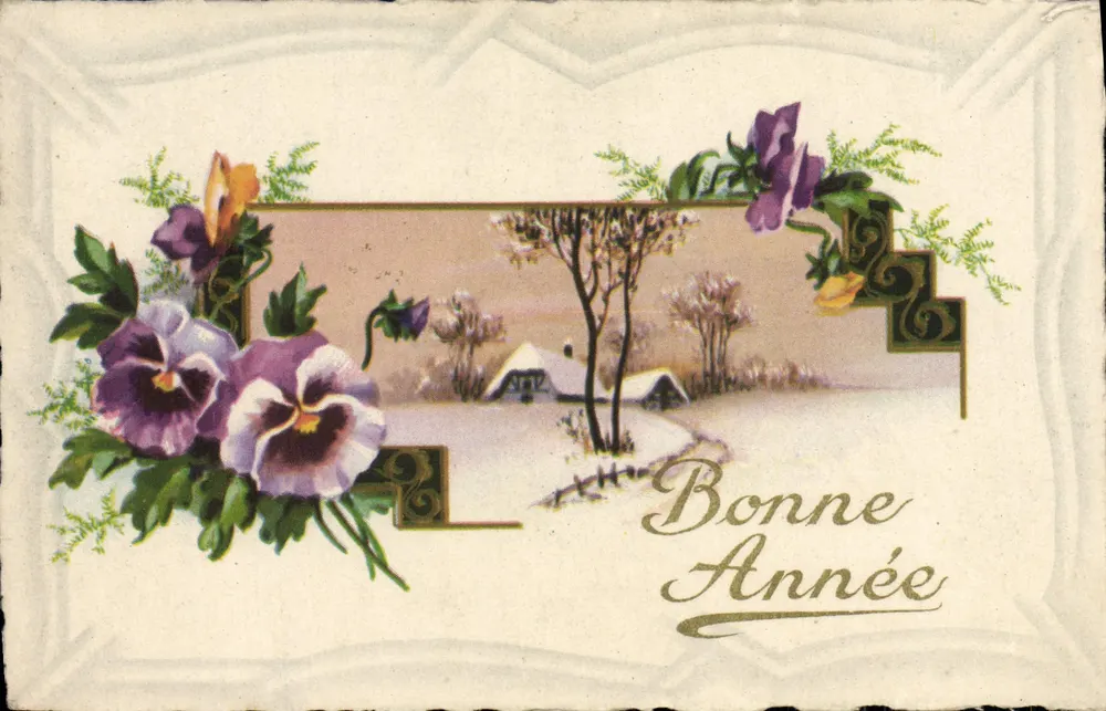 Margeriten und winterliches Landschaftsbild — Frohe Neujahr — Ardententil, n° 1304 - Vorderseite