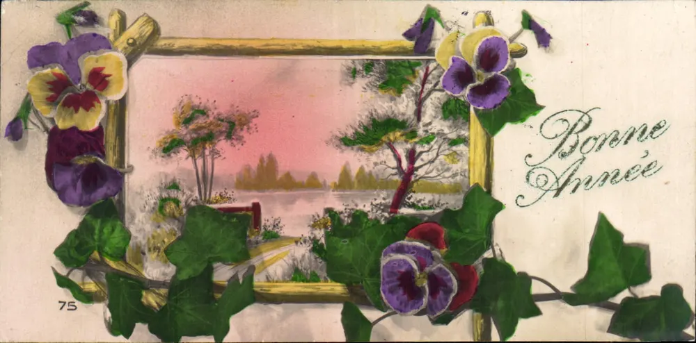 Geframtes Landschaftsbild — Primel- und Veilchenblüten — 75 — Frohe Weihnachten - Vorderseite