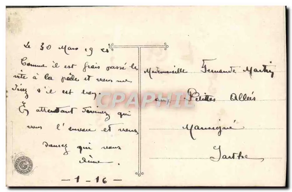 Tarjeta postal de Abril — texto manuscrito — Maternelle Fernande Marty - Reverso