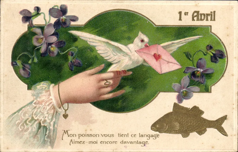 Fisch und Taube — 1. April — PAF-Serie 7918 - Vorderseite