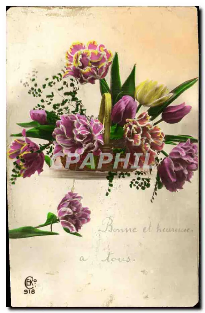 Bouquet de tulipes — dans un panier — éditeur E. K. n° 918 - Frente