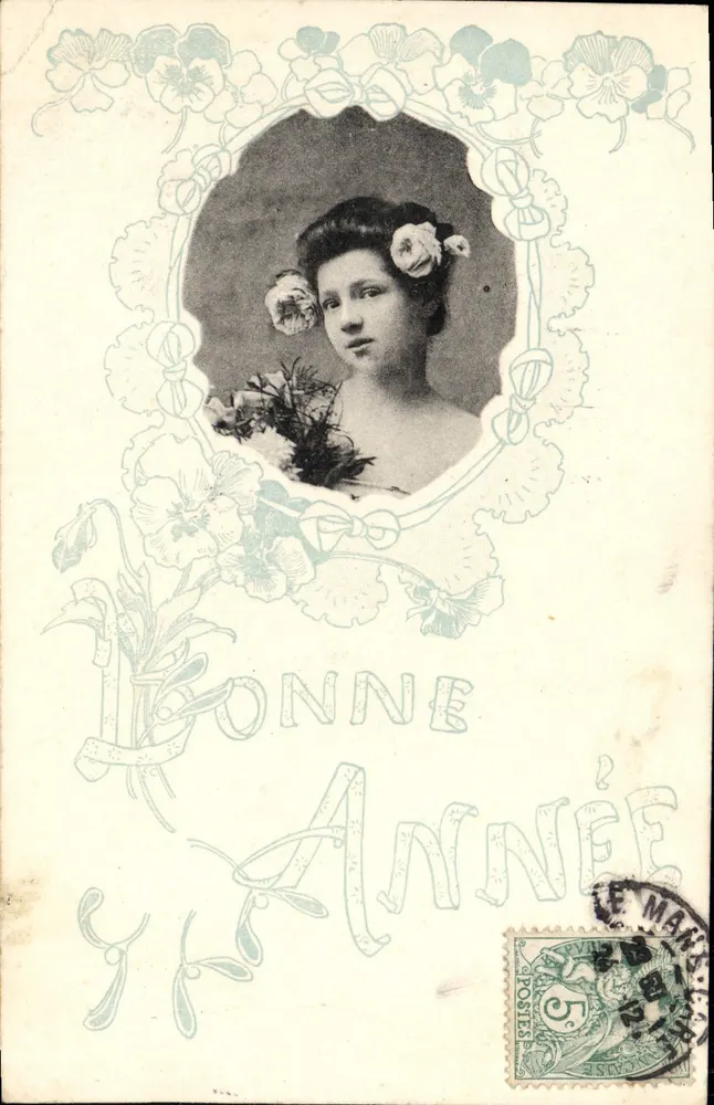 Junge Frau mit Blumen — Frohes Neues Jahr — Verlag Paris, Seriennummer nicht sichtbar - Vorderseite