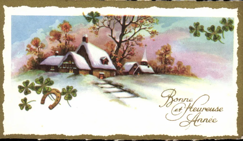 Winterlandschaft mit Haus und Kirche — Frohe Weihnachten — M.D. PARIS, Serie Nr. 203 - Vorderseite