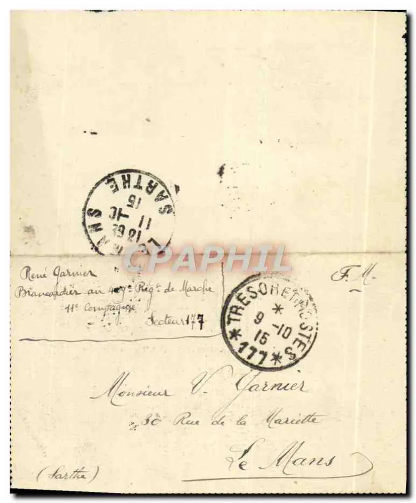 Carta postal militar — 7 de outubro de 1915 — Tresométrie, Sarthe — destinada ao Sr. V. Garnier, Le Mans - Frente