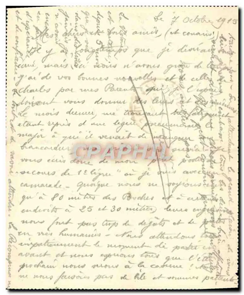 Carta postal militar — 7 de outubro de 1915 — Tresométrie, Sarthe — destinada ao Sr. V. Garnier, Le Mans - Verso