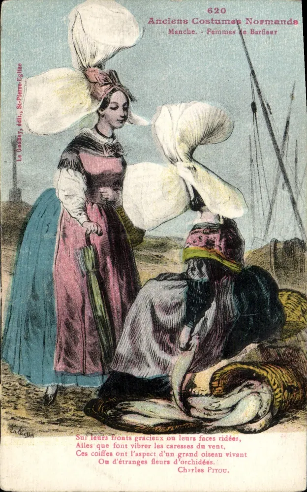 Mulheres de Barfleur — Velhos Trajes Normandos — Le Grasny, éd., St-Pierre-Eglise - Frente