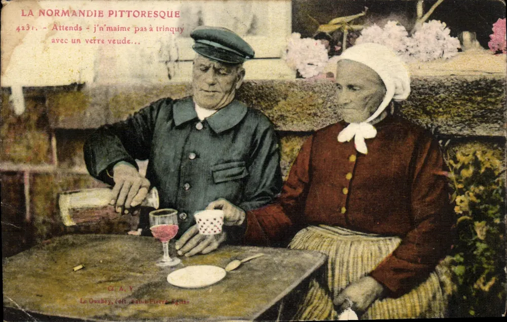 A Normandia pitoresca — Attends, j’n’m aime pas à trinquer avec un veuve veuve... — Cl. A. V. / Le Goubey, Coll. Saint-Pierre, Égina - Frente