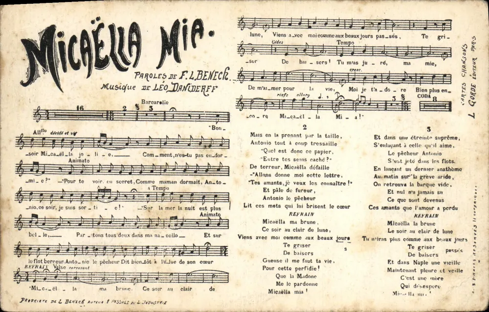 Micaëlla Mia — Canção de F. L. Benech e Léo Daniderff — Editor L. Gorde - Frente