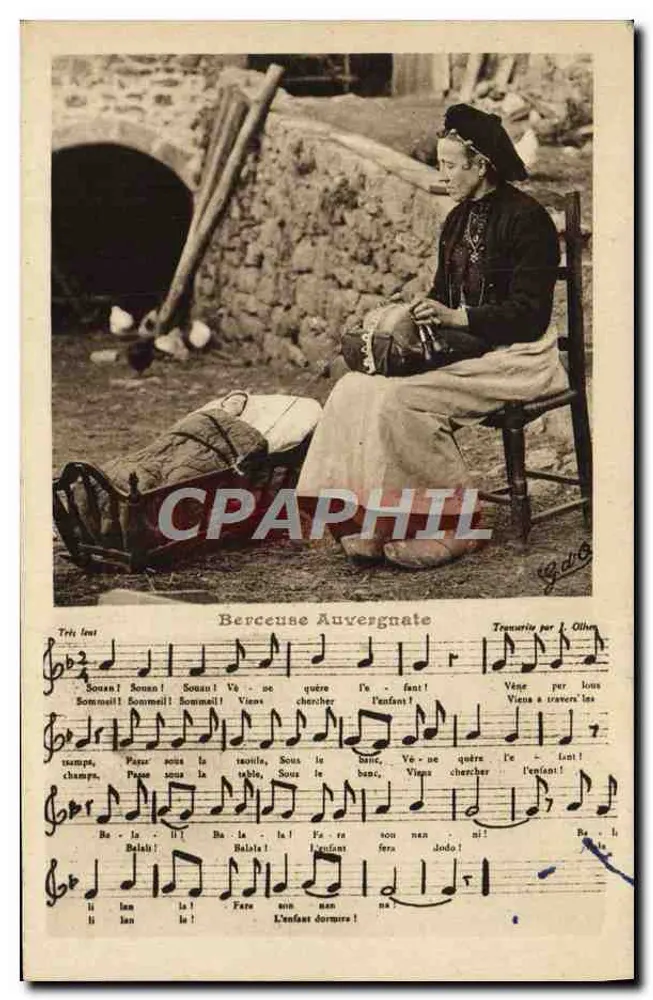 Mulher auvergnata tocando um instrumento — Bercerose Auvergnata — editor J. Olher - Frente