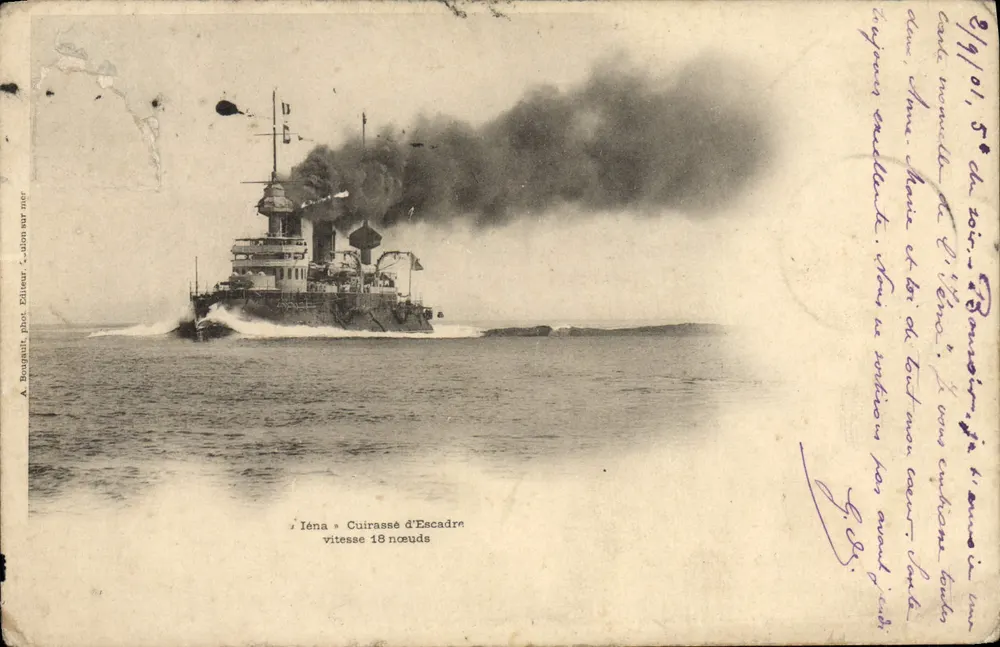 Bateau de guerre — Le cuirassé Iéna en mer — Éditeur A. Bougault, phot. sur nég. n° 18 - Frente
