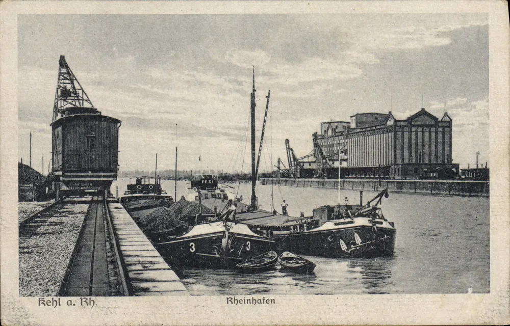 Rheinhafen — porto fluvial com barcos e silos — Verlag E. Jahnke, Kehl a. Rh. - Frente