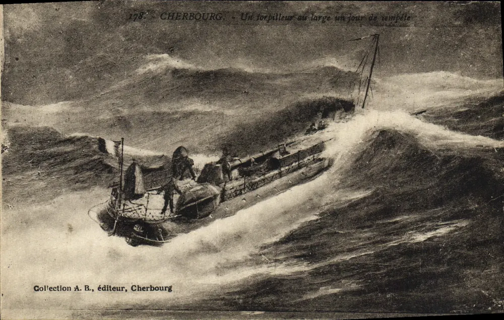 Cherbourg — Ein Torpedoboot auf See an einem stürmischen Tag — Sammlung A. B., Verlag, Cherbourg - Vorderseite