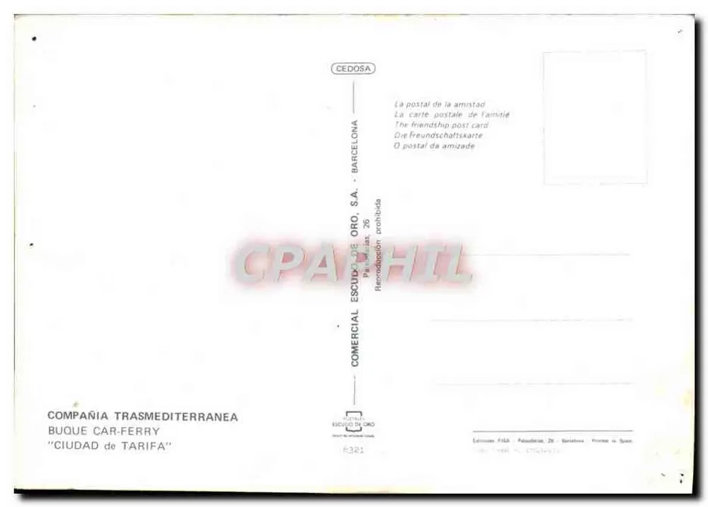 Buque Car-Ferry 'Ciudad de Tarifa' — navire de passagers à quai — éditeur COMPAÑÍA TRASMEDITERRANEA - Verso