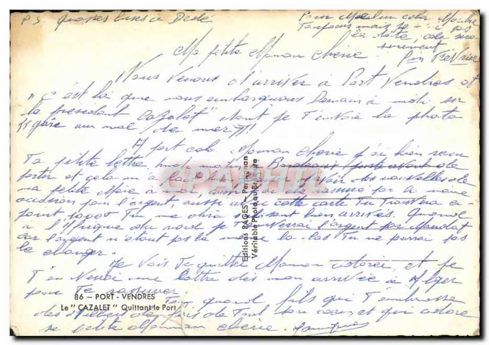 Der "Cazale" — Schiff am Kai in Port-Vendres — Verlag Véritable Photo, n°86 - Rückseite