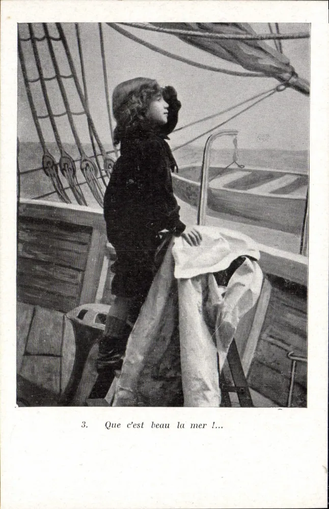 Criança em um barco — cena marítima — carta postal ilustrada - Frente