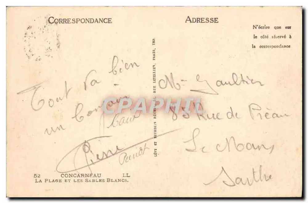 Praia e os Sables Blancs — Concarnéau — Lévy e Michelin, Imp. Paris - Verso