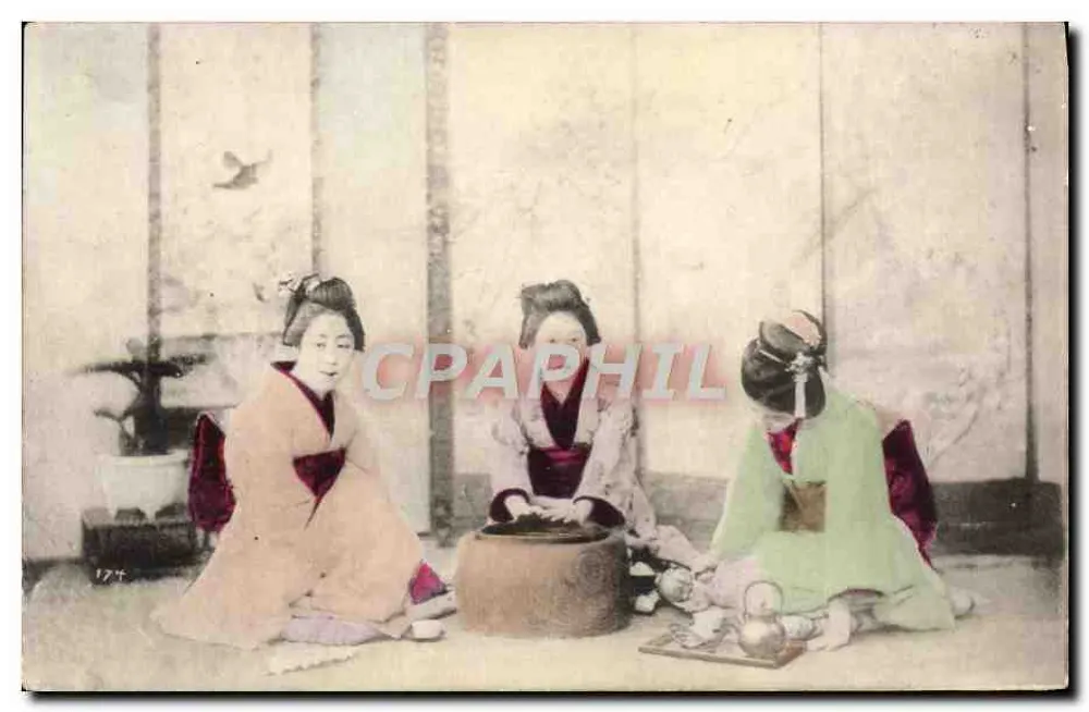 Três mulheres japonesas em kimono — cena de chá — editor desconhecido, n° 174 - Frente