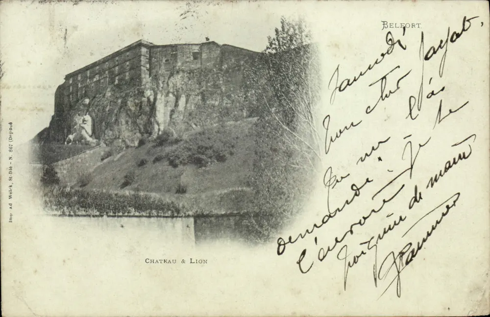 Château & Lion — vue du château fort sur rocher à Belfort — éditeur Impr. Ad. Weilck, St-Dié, N. 887 - Frente