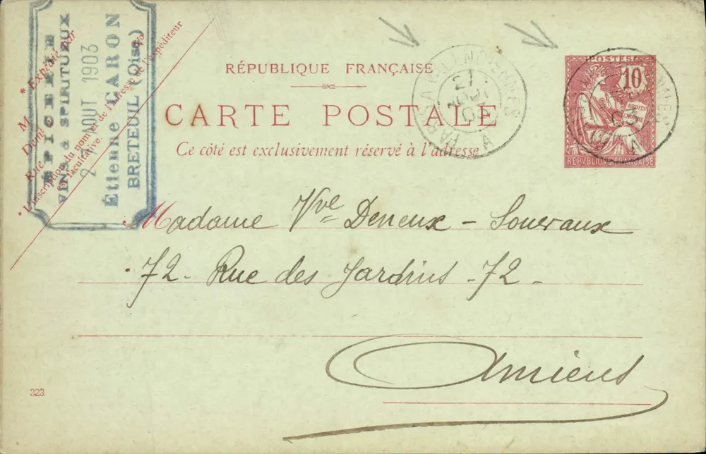 Étienne CARON — Lebensmittel & Spirituosen — Breteuil (Oise) — 27. August 1903 - Vorderseite