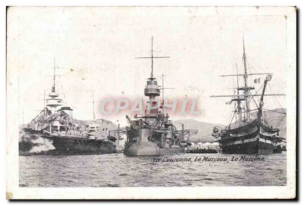 La Couronne, Le Marceau, Le Masséna — trois navires de guerre en port — éditeur non identifié - Vorderseite