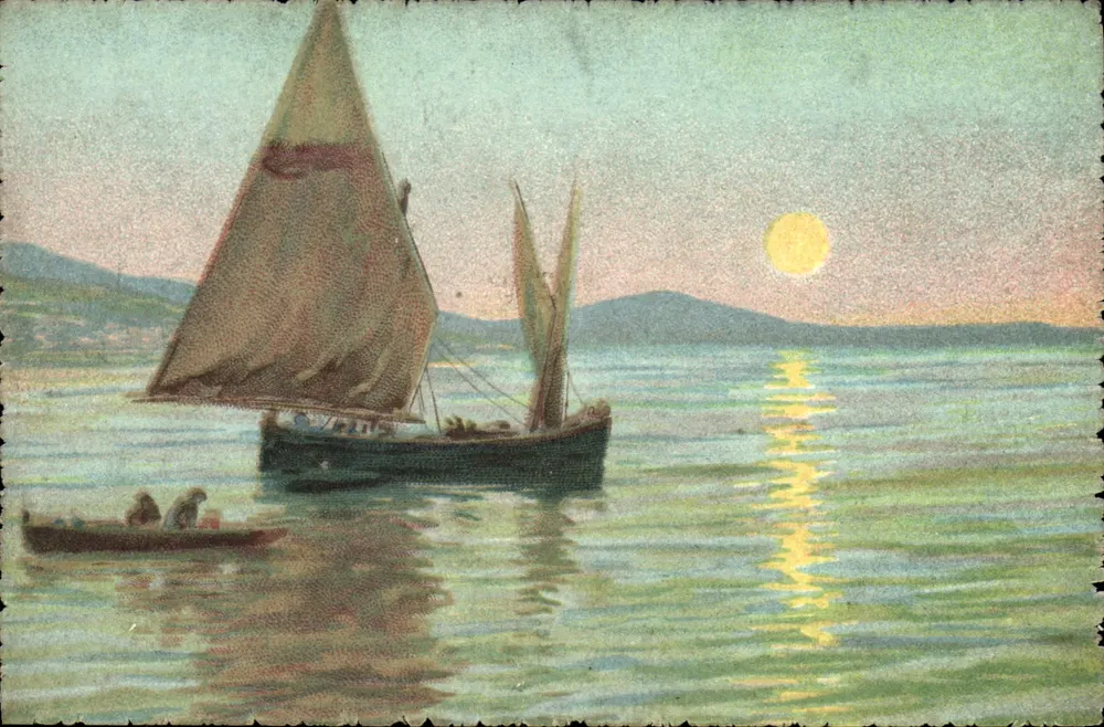 Vista de barcos no mar ao entardecer — Visto Uff. Rev. Stampa Milano - N. 2655 — SERIA ARTISTICA ACQUARELLO - Frente