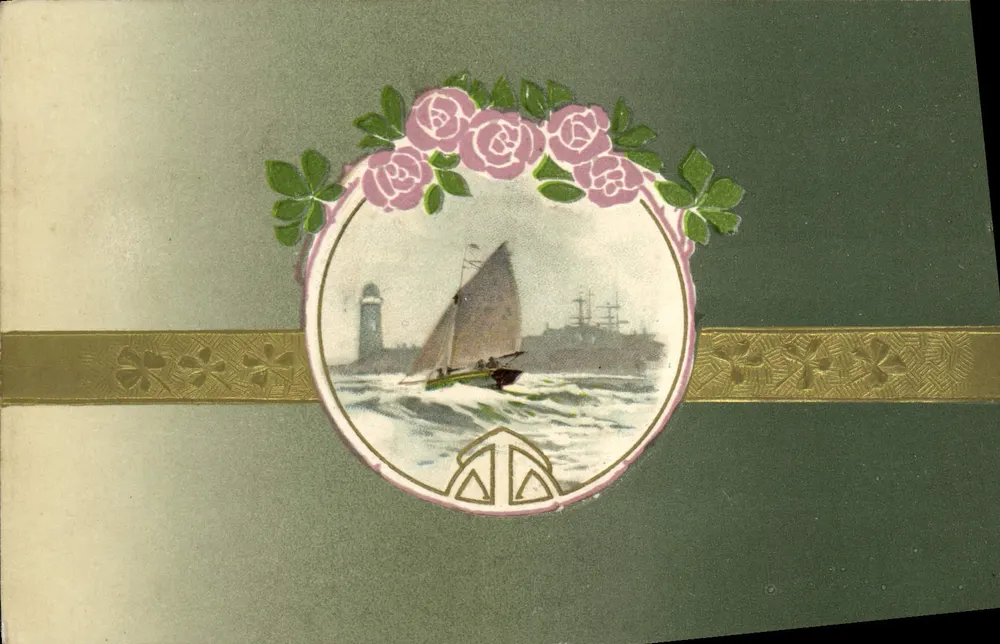 Meeresblick mit Segelboot — Dekor in Rosa und Gold — unbekannter Verleger - Vorderseite