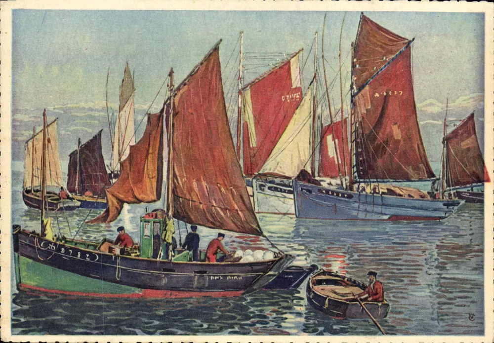 Porto de pesca — barcos com velas vermelhas — Edições Gaby, Nantes - Frente