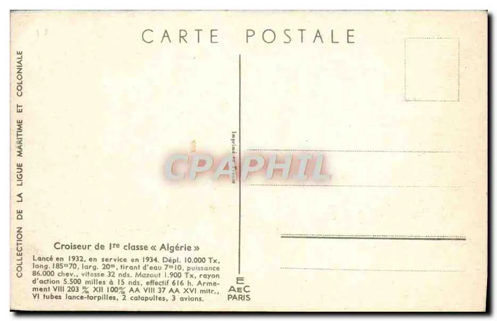 Croiseur de 1re classe « Algérie » — Collection de la Ligue Maritime et Coloniale — E.A.E.C. Paris - Verso