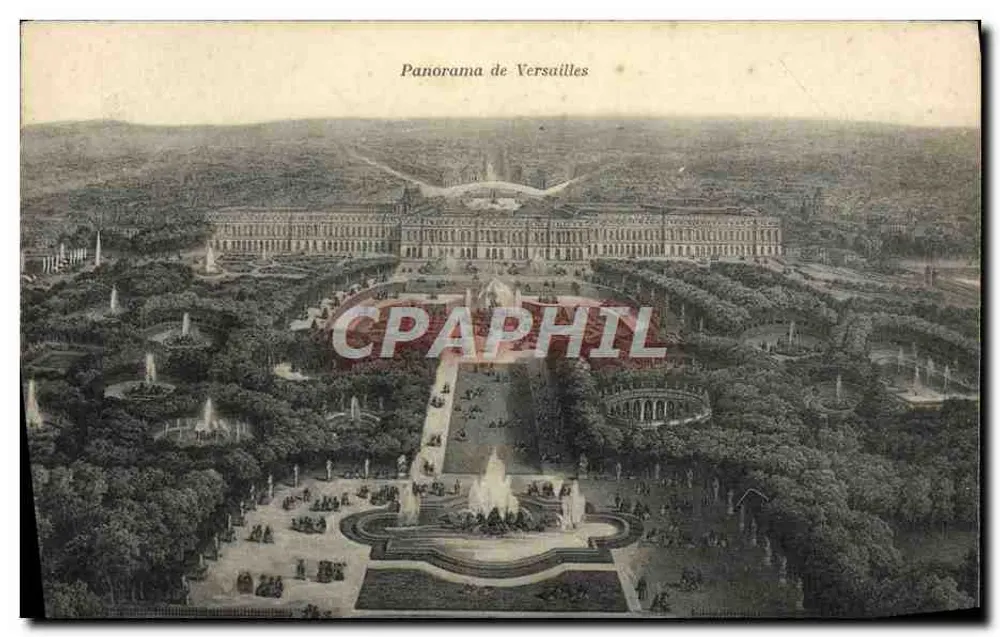 Panorama de Versailles — vista aérea do castelo e dos jardins — A. Bourdier, imp.-edit., Versailles - Frente