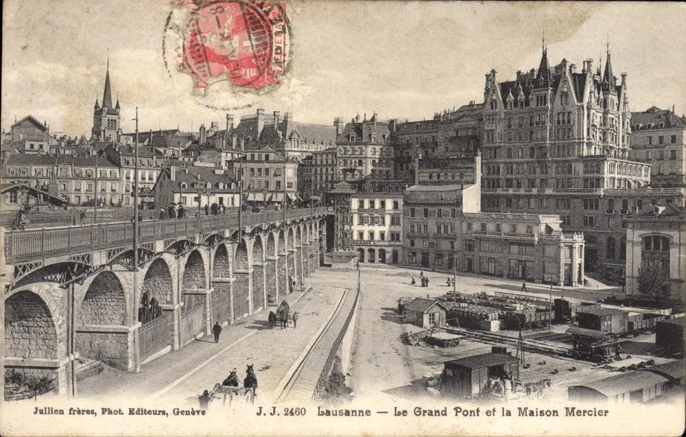 Lausanne — Der Große Brücke und das Maison Mercier — Jullien frères, Phot. Editeurs, Genf, J.J. 2460 - Vorderseite