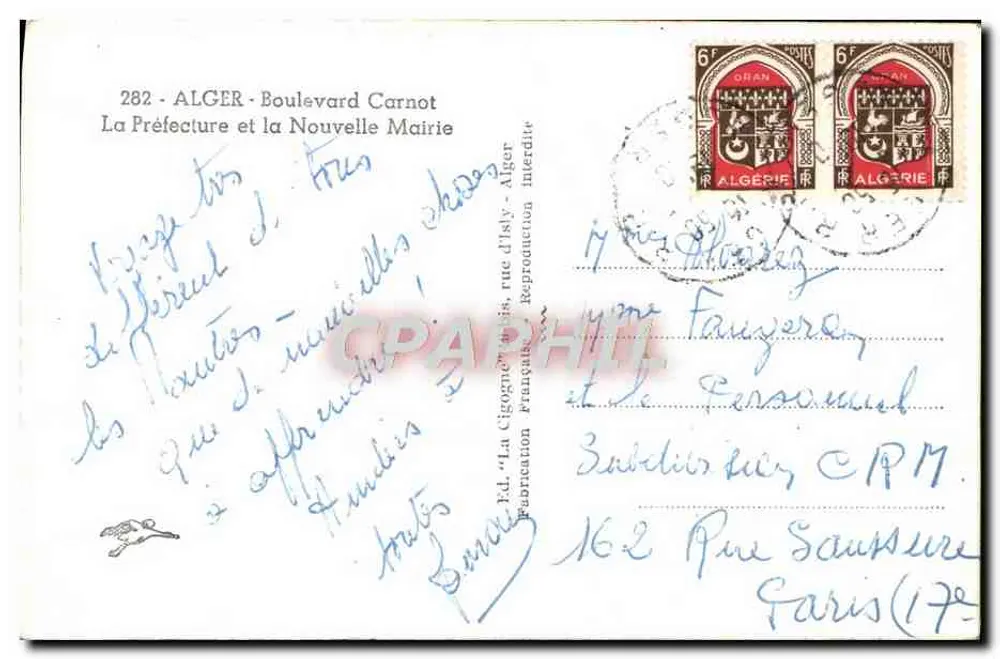 Prefektur von Alger — Boulevard Carnot — Éd. La Cigogne - Rückseite