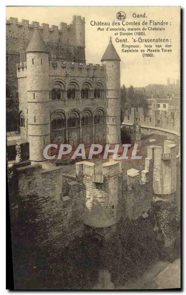 Gand. Schloss der Grafen von Flandern: Umfriedung, Herrenhaus und Bergfried (1180). - Vorderseite