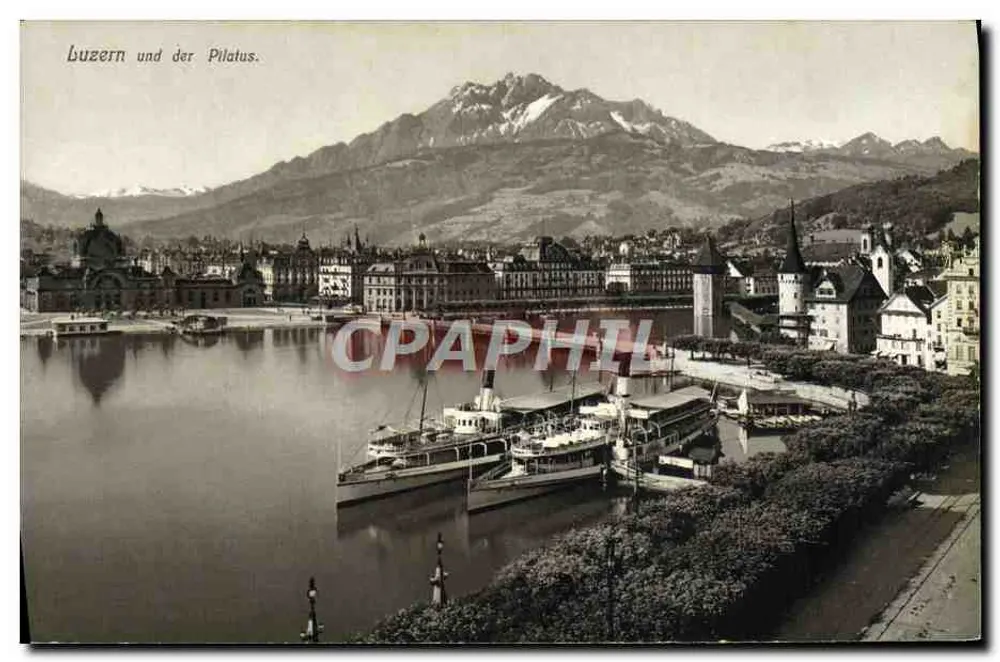 Lucerna e o Pilatus — vista do lago e da montanha Pilatus — E. Göetz, Kunstanstalt, Lucerna, n°132 - Frente