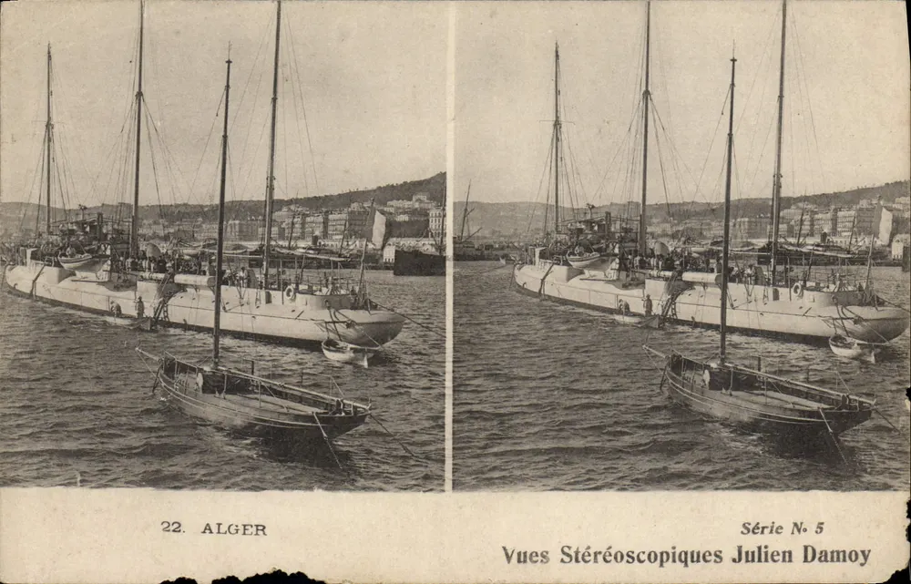 Algier — Ansicht des Hafens mit Segelschiffen — Stereoscopische Ansichten Julien Damoy, Serie N° 5 - Vorderseite